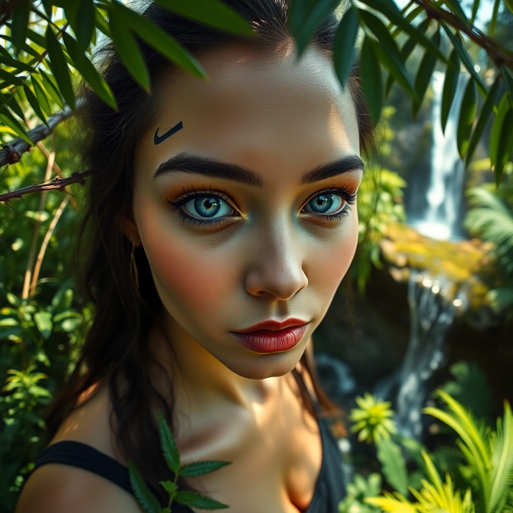 AI generated art for prompt: Envision a photorealistic portrait of an enigmatic Pacific Islander woman with calm blue eyes and fl