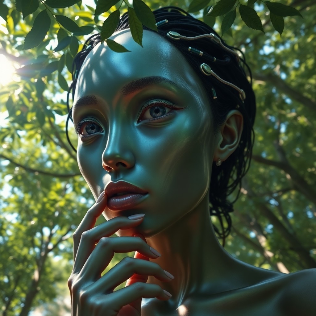 AI generated art for prompt: Photograph an awe-inspiring human-synthetic hybrid from above, showcasing luminous iridescent skin a