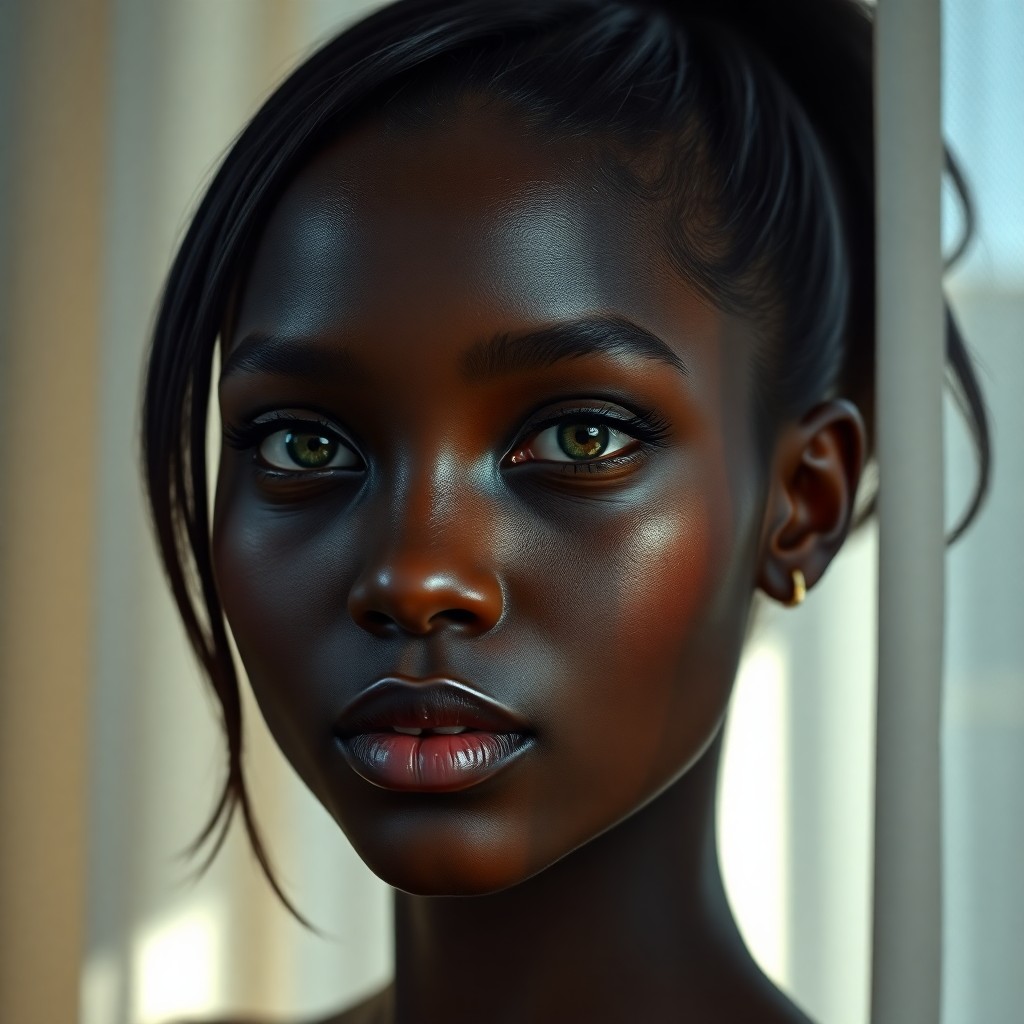 AI generated art for prompt: Create a photorealistic portrait of a young Sub-Saharan African woman with dark hair elegantly tied 