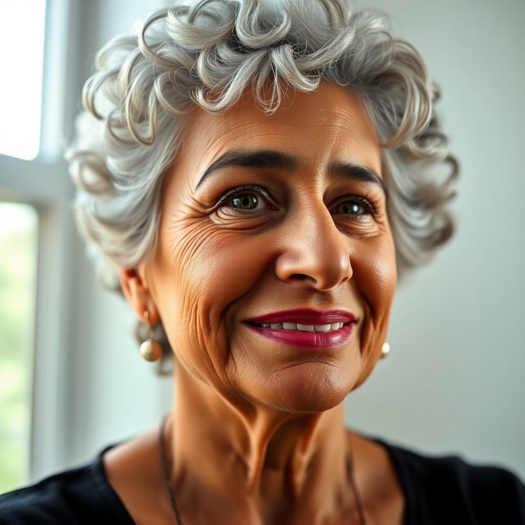 AI generated art for prompt: Craft a photorealistic portrait of a middle-aged Hispanic woman, her short, curly silver hair framin