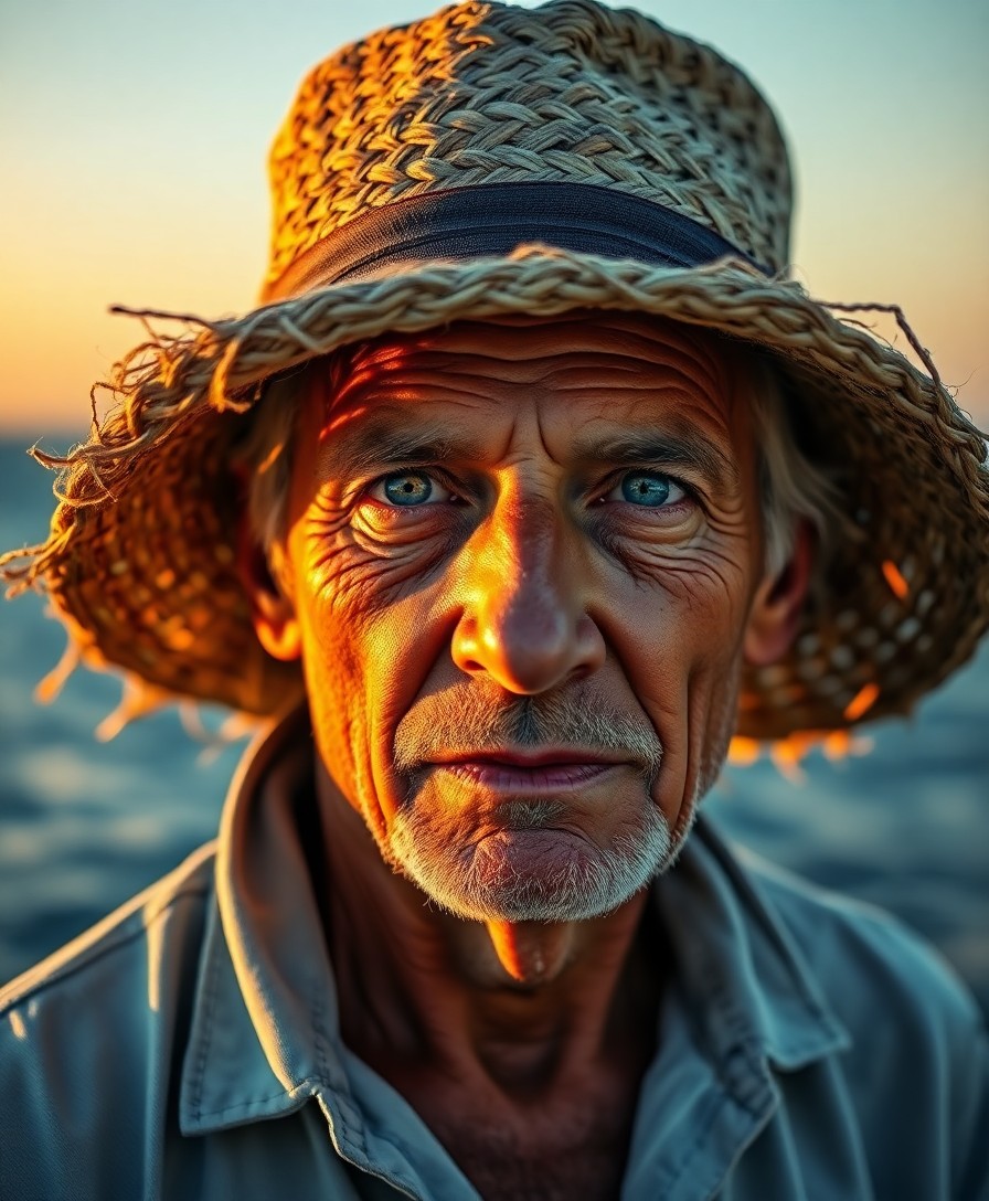 AI generated art for prompt: A hyper-realistic portrait depicts an aged fisherman, his sun-kissed skin and kind blue eyes gazing 