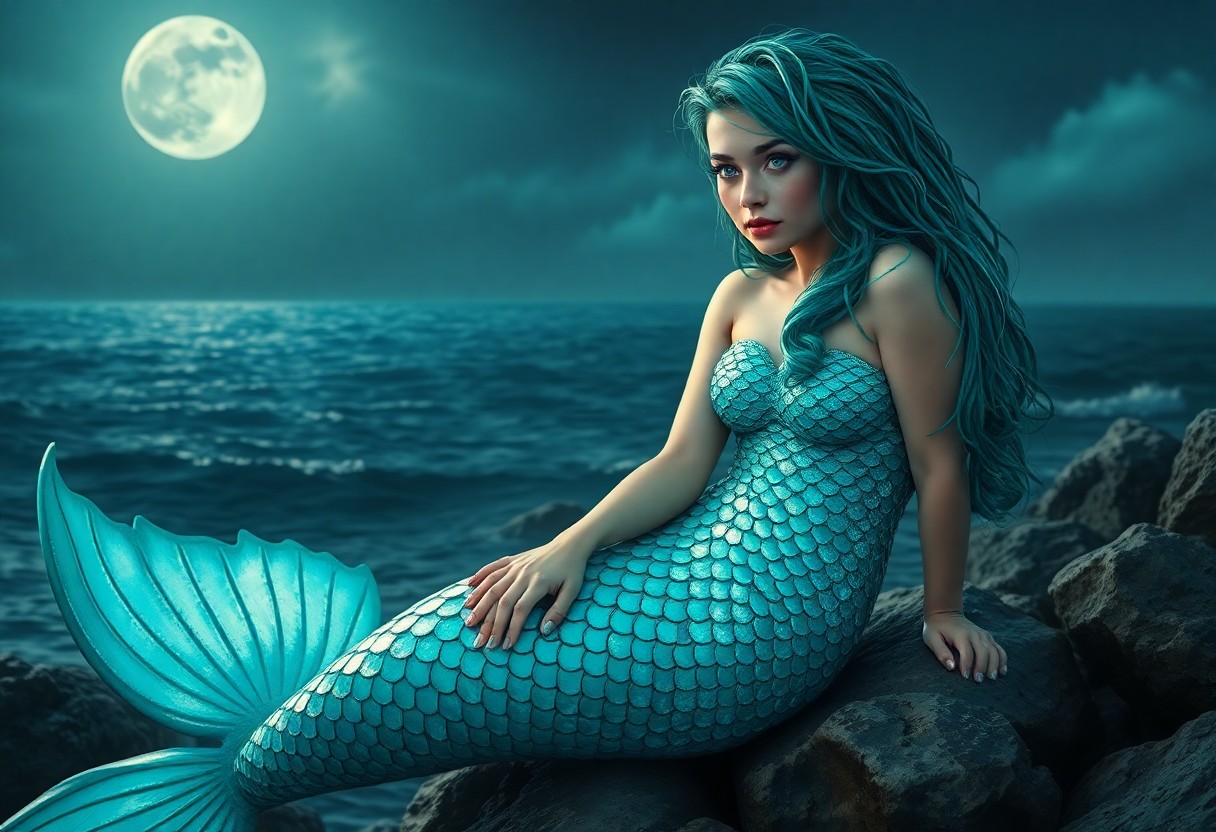 AI generated art for prompt: A hyperrealistic portrait captures an enigmatic mermaid perched on rocky shores, her shimmering turq