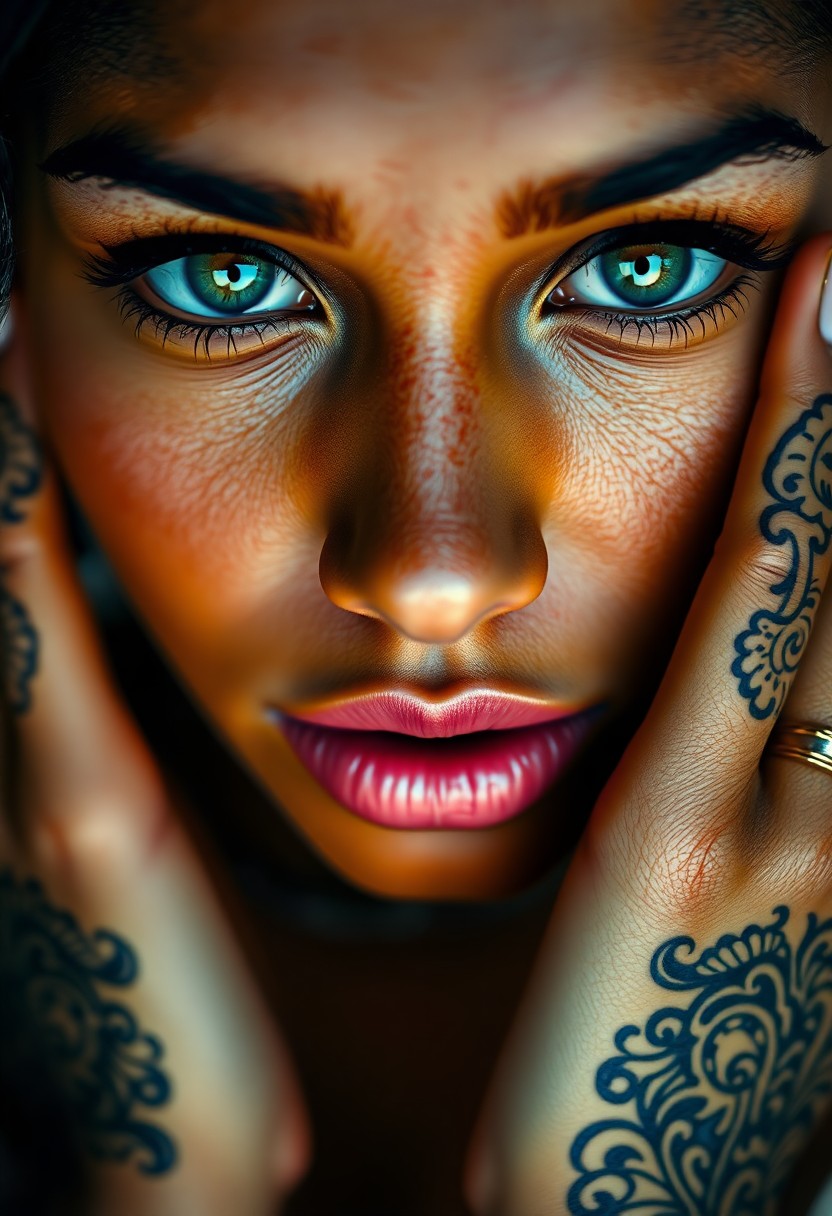 AI generated art for prompt: Extreme close-up portrait of a captivating Caribbean woman with emerald eyes and flawless porcelain 