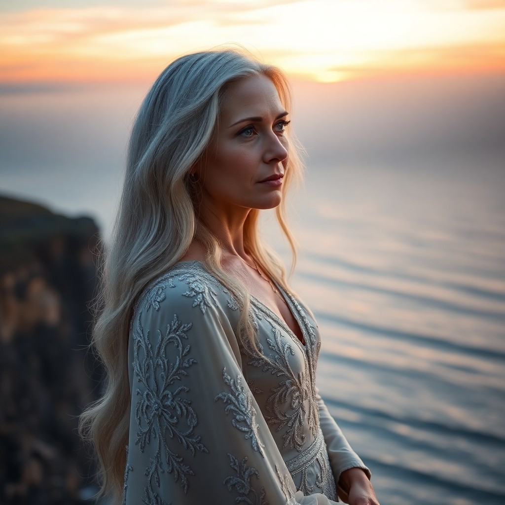 AI generated art for prompt: An elegant Western European woman with long silver hair stands gracefully on a misty cliffside. She 