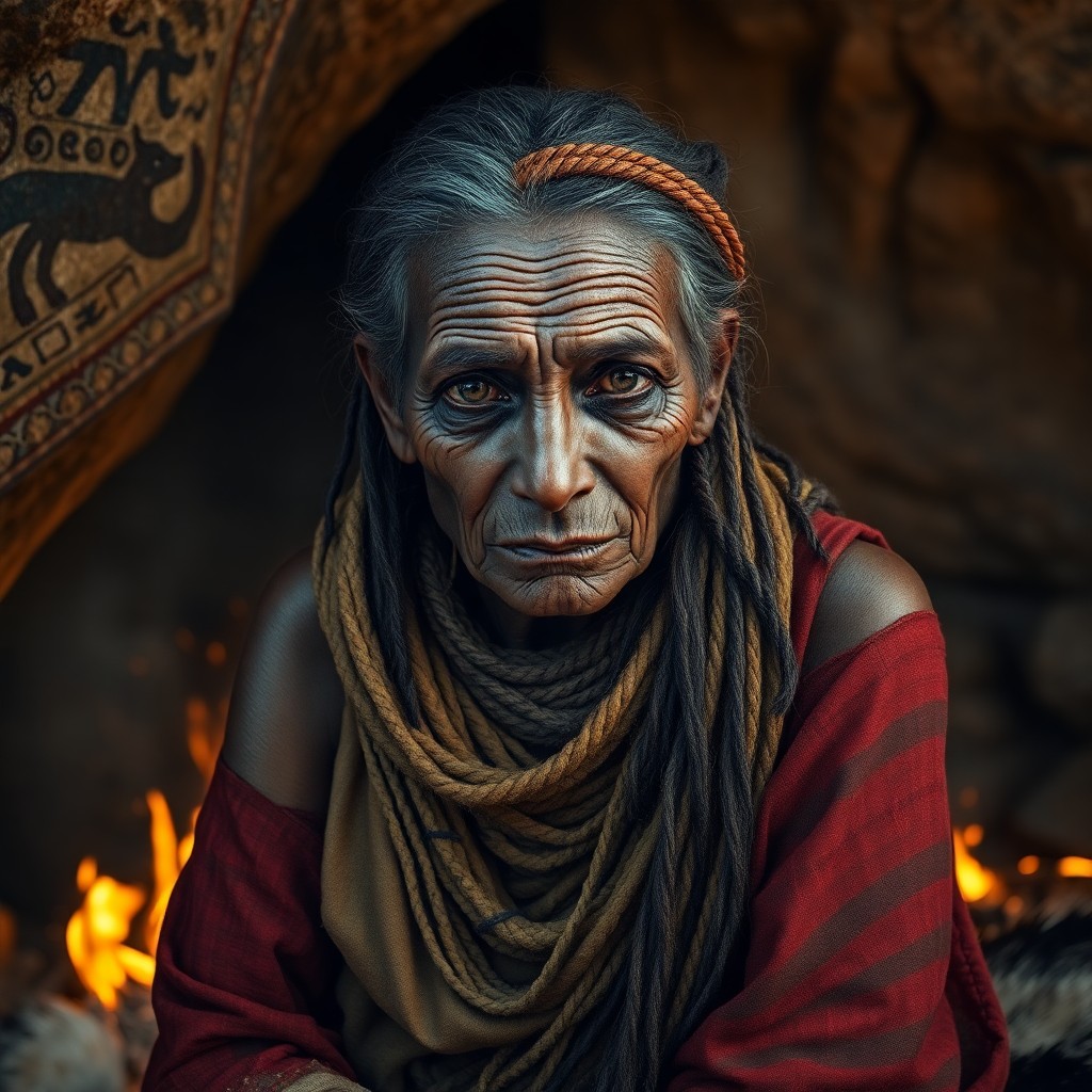 AI generated art for prompt: A captivating photorealistic portrait reveals a shabby-chic yet wise tribal elder with deep crevices