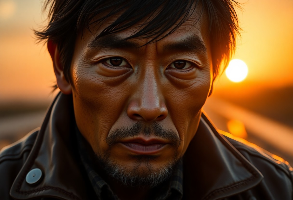 AI generated art for prompt: Craft a photorealistic oil painting portrait of an East Asian man with sun-kissed skin and a rugged 