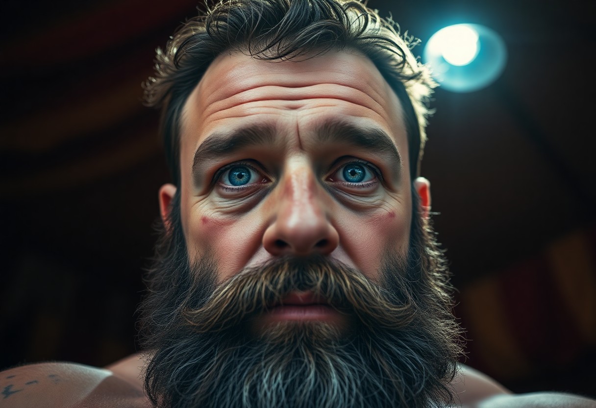 AI generated art for prompt: An iPhone portrait captures a weathered circus strongman, his piercing blue eyes and full beard illu