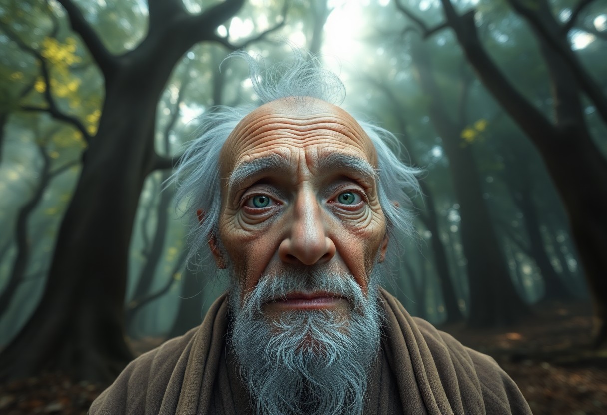 AI generated art for prompt: Craft a superrealistic digital art portrait of an elderly sage with shy green eyes and a wizened fac