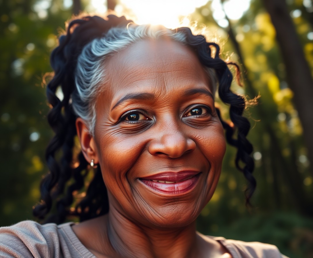 AI generated art for prompt: A highly detailed portrait photograph showcases a serene middle-aged African woman with dark wavy ha