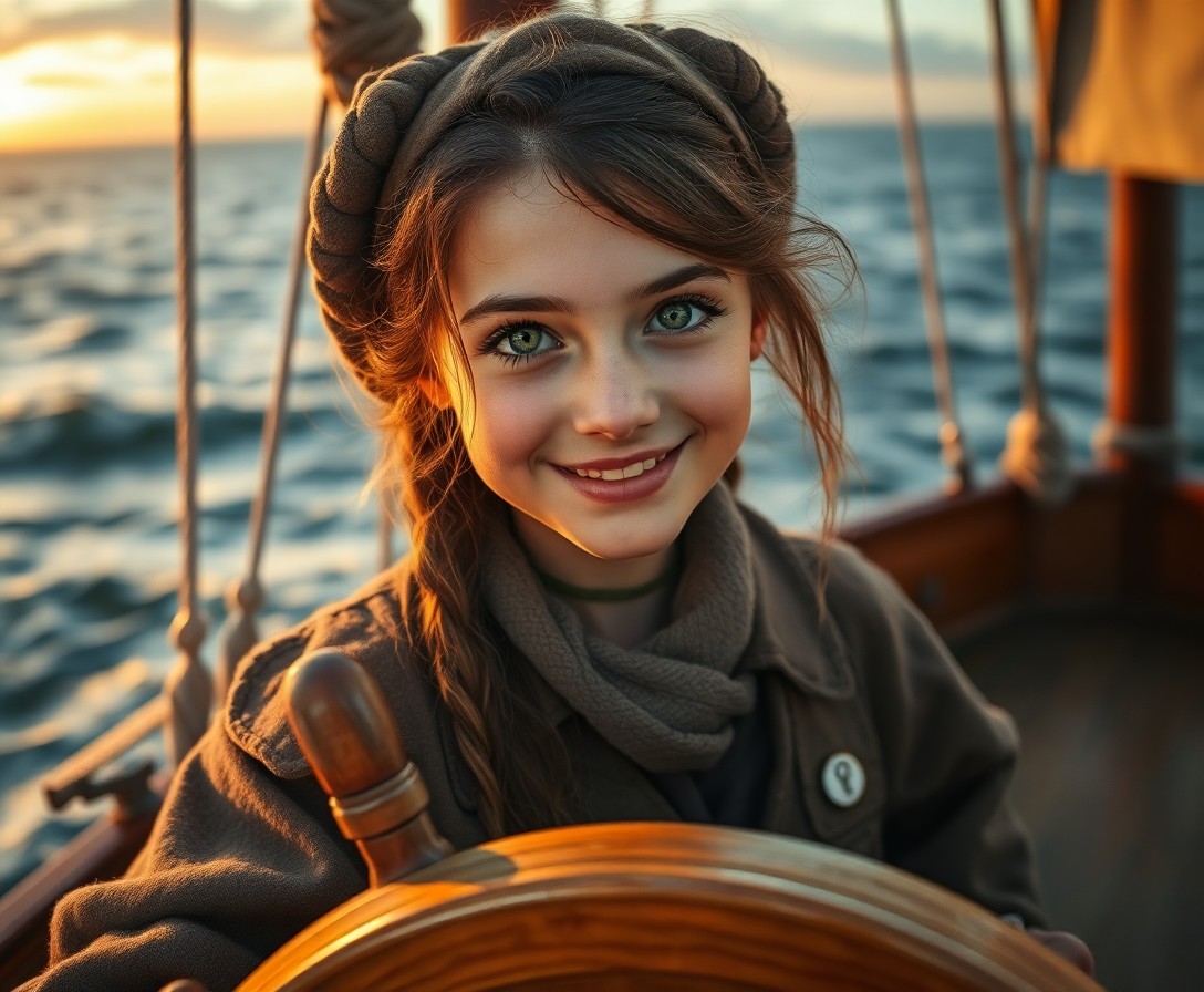 AI generated art for prompt: Craft a captivating portrait of a girl with a creased smile, tender green eyes, and rugged features 