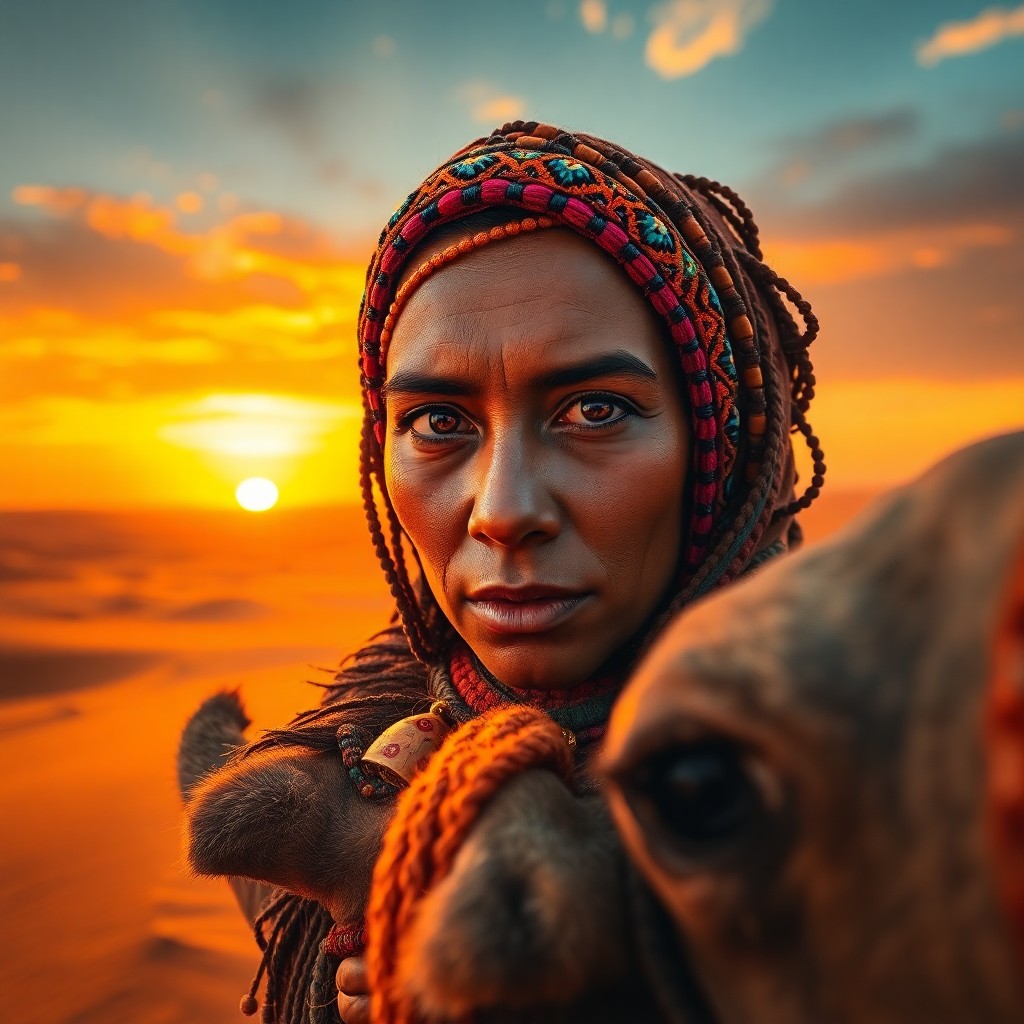 AI generated art for prompt: A photorealistic portrait captures an experienced Hispanic nomad woman with sun-kissed skin and inte