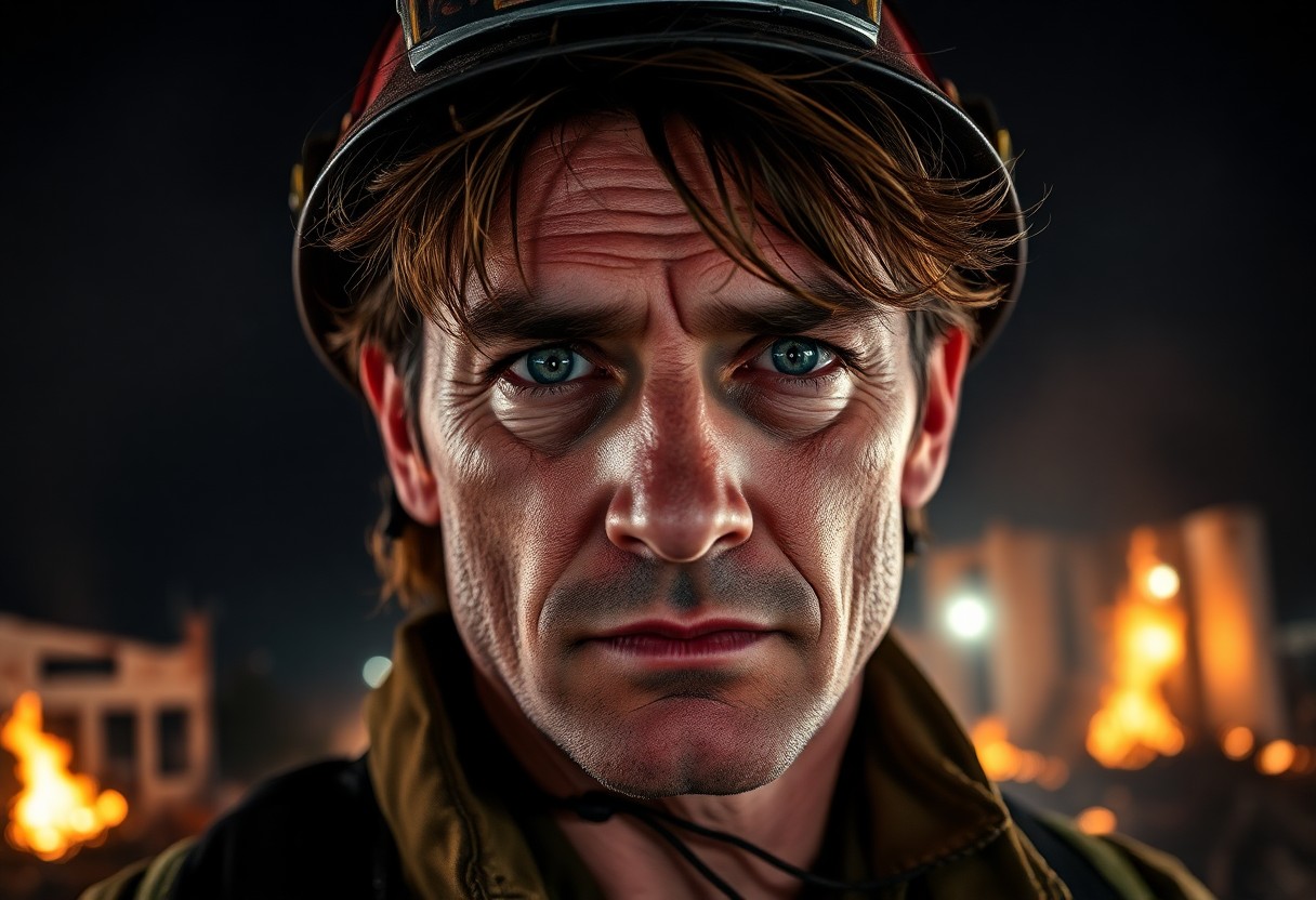 AI generated art for prompt: A highly detailed smartphone portrait showcases an experienced firefighter's intense gaze, their wea