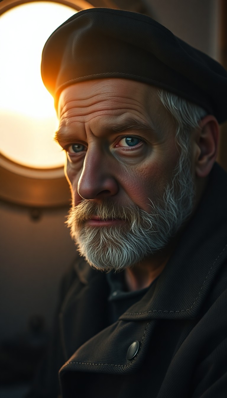 AI generated art for prompt: Capture a captivating portrait of a grizzled middle-aged sailor with rugged features and gentle blue