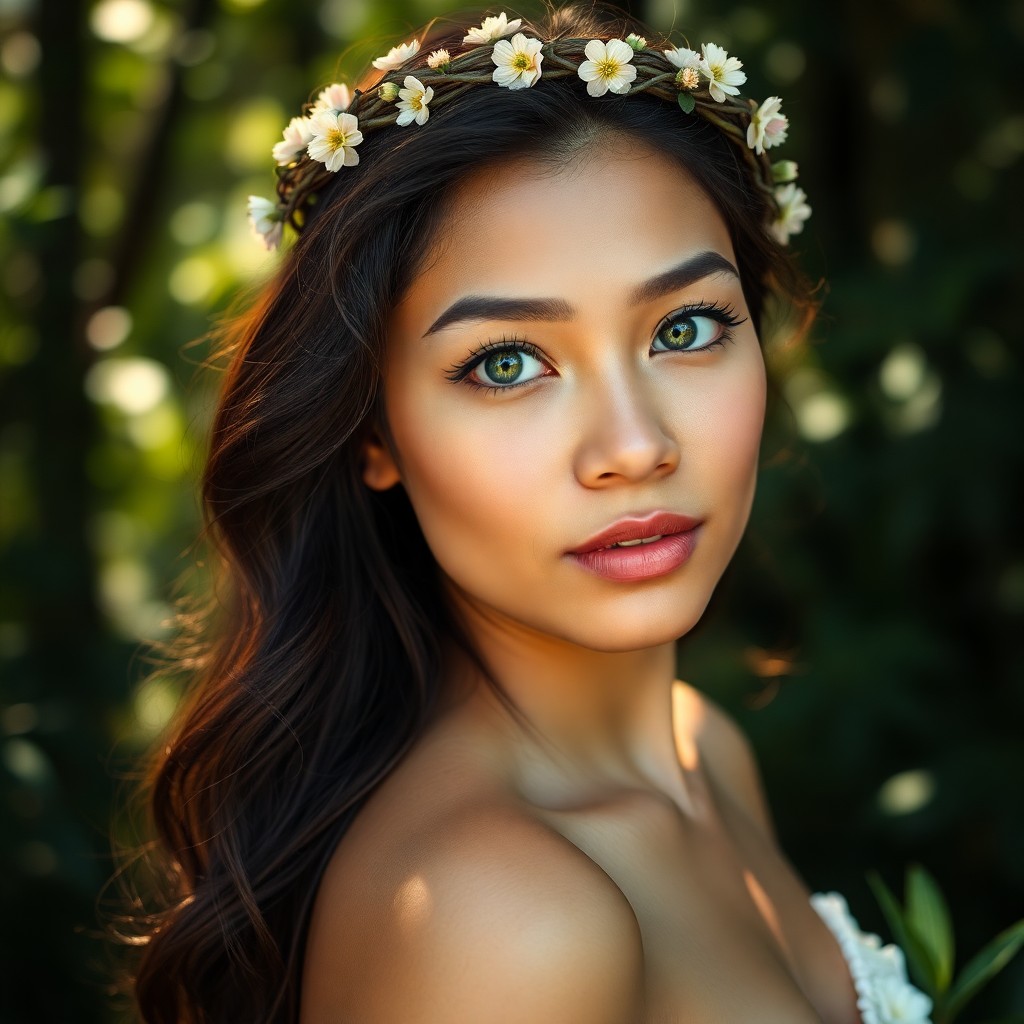 AI generated art for prompt: A portrait photograph depicts a youthful Pacific Islander woman with porcelain skin, full lips, and 