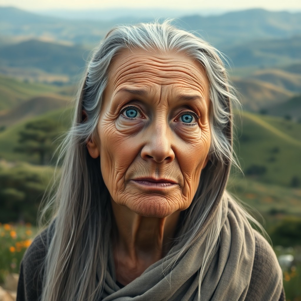 AI generated art for prompt: A photorealistic portrait of an elderly North African woman with serene blue eyes and creased skin, 