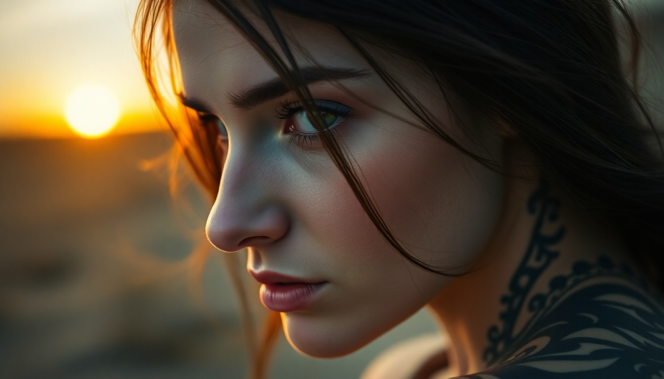 AI generated art for prompt: A close-up portrait captures a Slavic woman's captivating emerald eyes and intricately tattooed patt