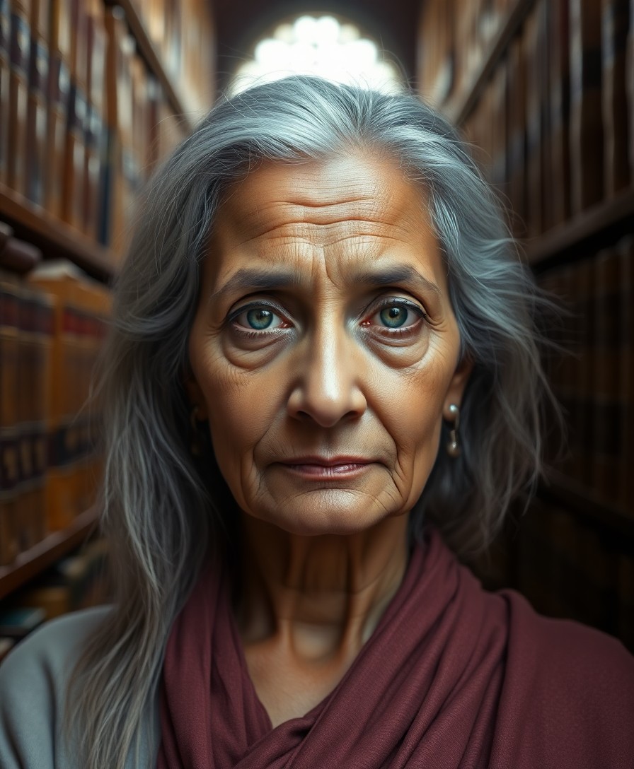 AI generated art for prompt: A serene portrait featuring an elderly South Asian woman with a mysterious gaze and shy green eyes. 