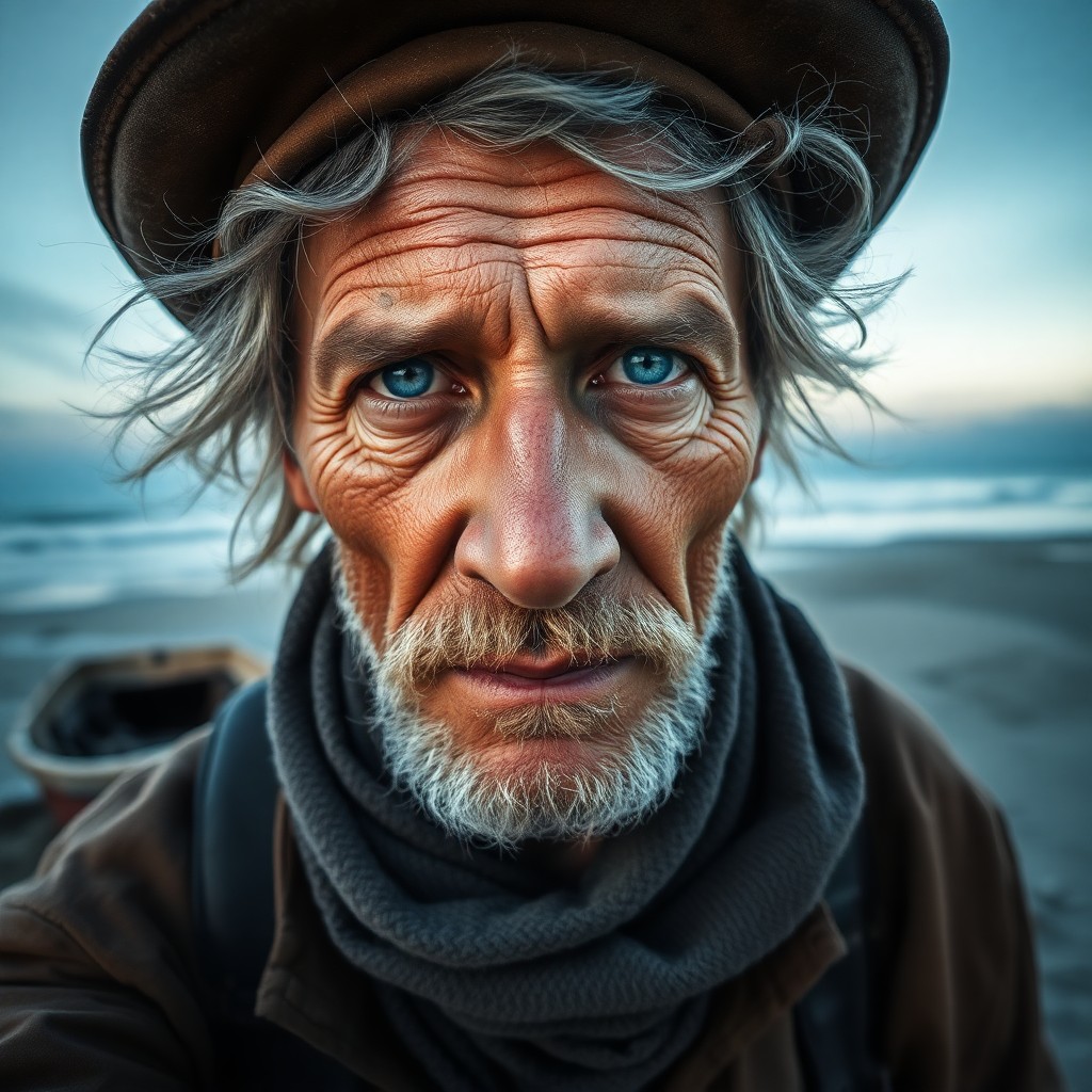 AI generated art for prompt: Envision an ultra-realistic portrait of a weathered fisherman with melancholic blue eyes, reflecting