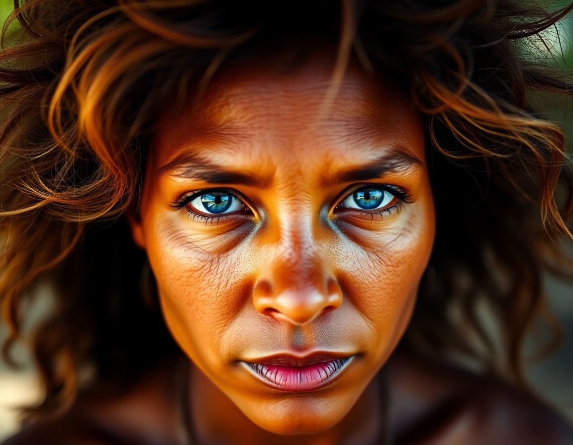 AI generated art for prompt: A captivating portrait photograph showcases a Melanesian woman with serene blue eyes set against sun