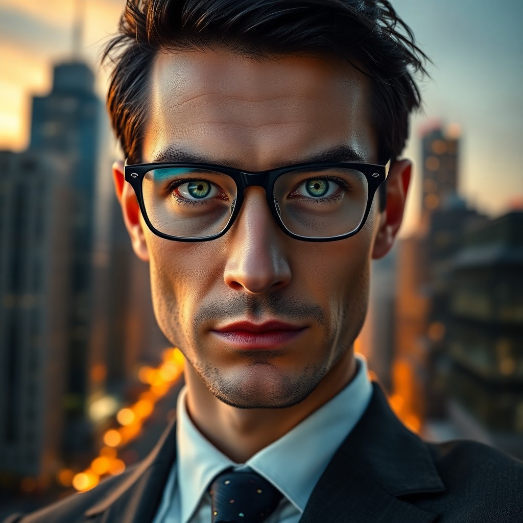 AI generated art for prompt: Craft a hyper-realistic portrait of an ambitious 35-year-old male entrepreneur with captivating gree