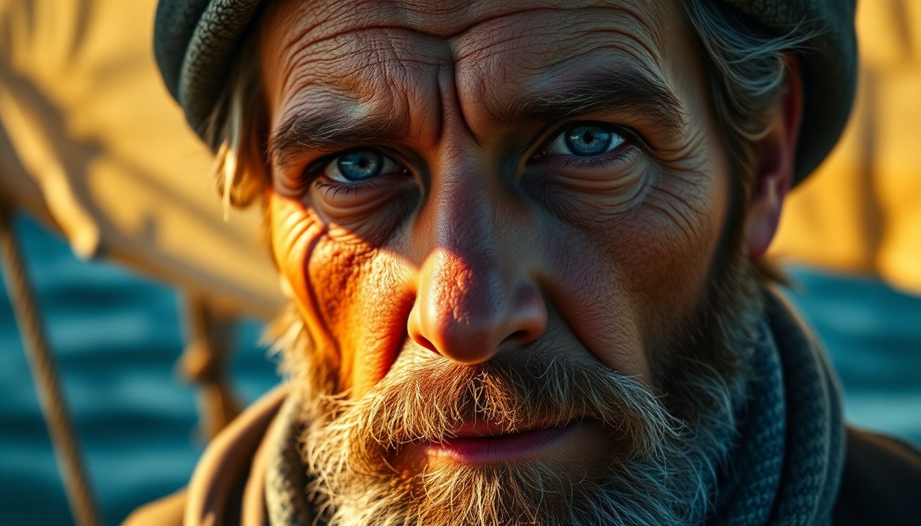 AI generated art for prompt: Imagine an intimate close-up portrait of a weathered sailor. His docile blue eyes and rugged skin te