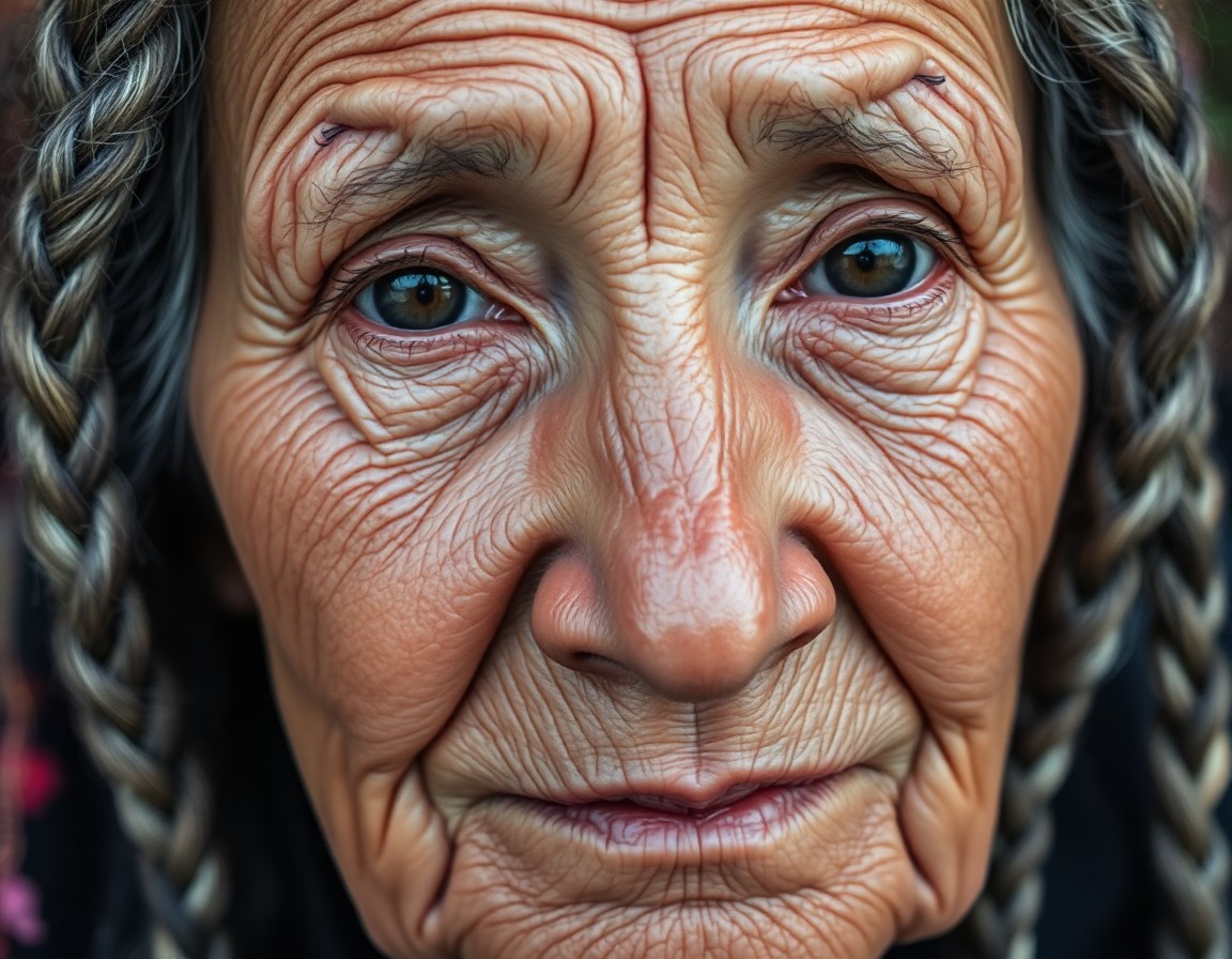 AI generated art for prompt: A serene close-up portrait showcases an elderly Latin American woman with soft, wrinkled skin and si