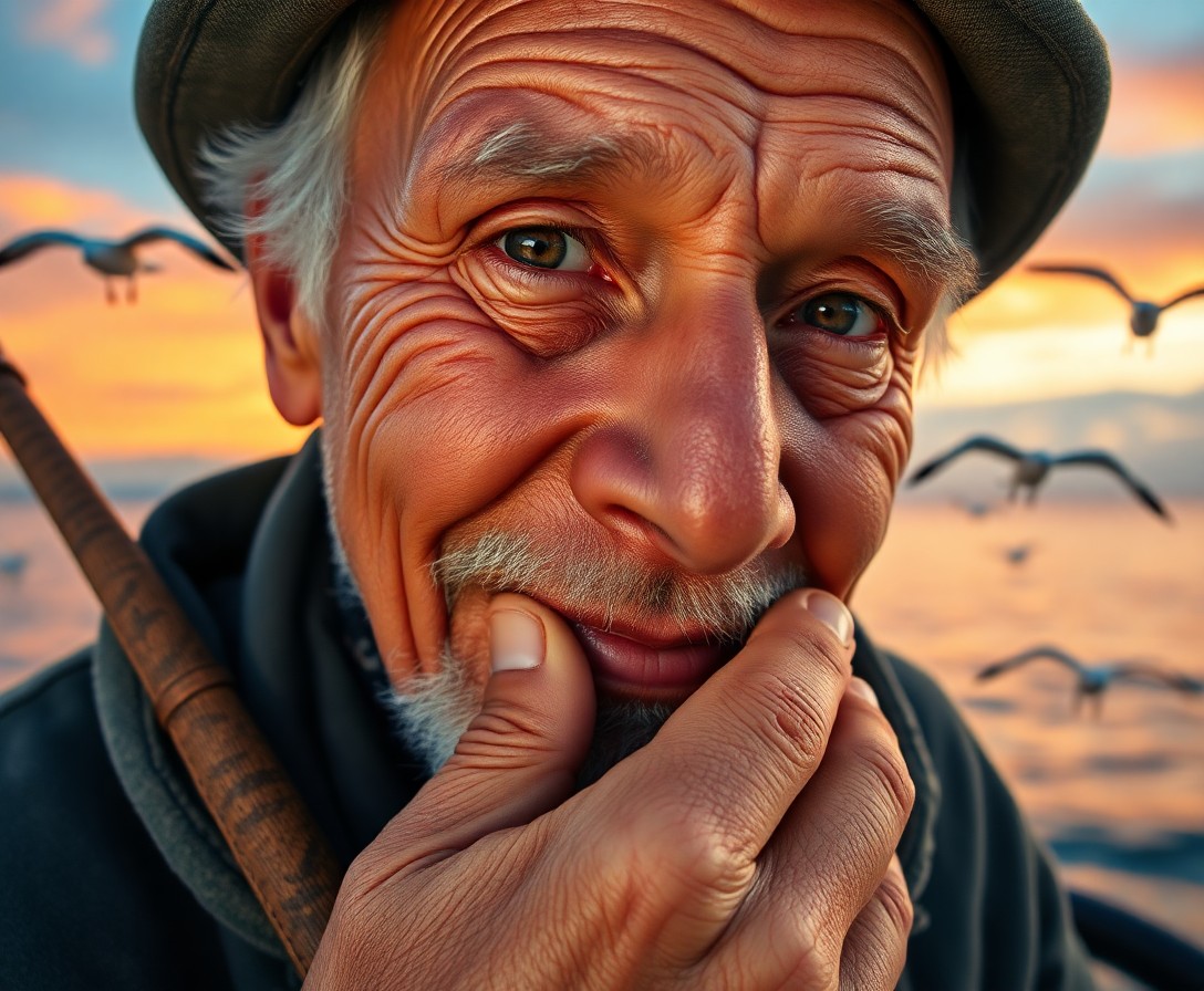 AI generated art for prompt: A photorealistic portrait captures an elderly fisherman from a unique 'bug's-eye' perspective. His d