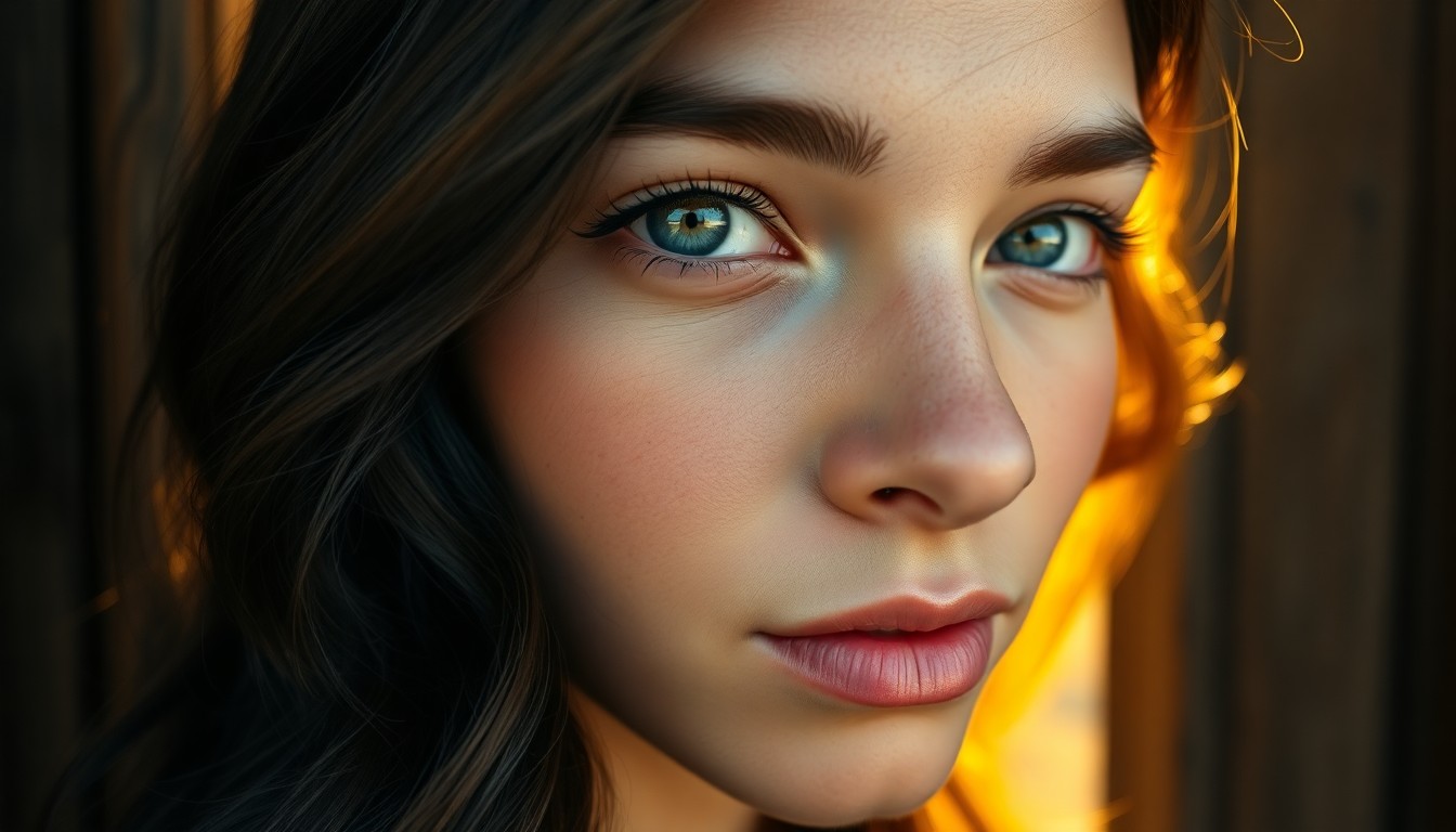 AI generated art for prompt: A close-up portrait captures a young Andean woman with serene blue eyes and raven hair cascading in 