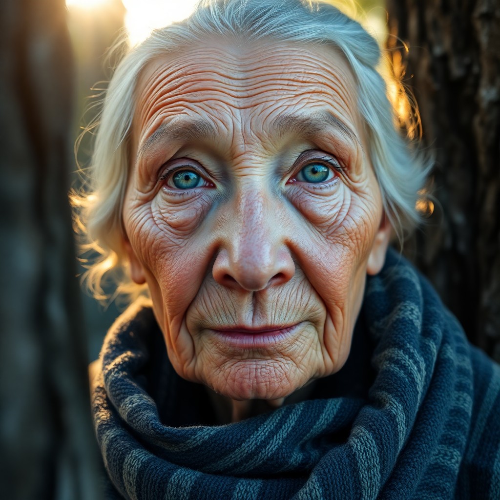 AI generated art for prompt: A photorealistic portrait photograph captures an elderly Inuit woman's contemplative gaze as warm su