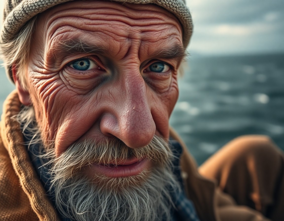 AI generated art for prompt: Create an image of a close-up portrait focusing on a weathered fisherman, his face etched with deep 