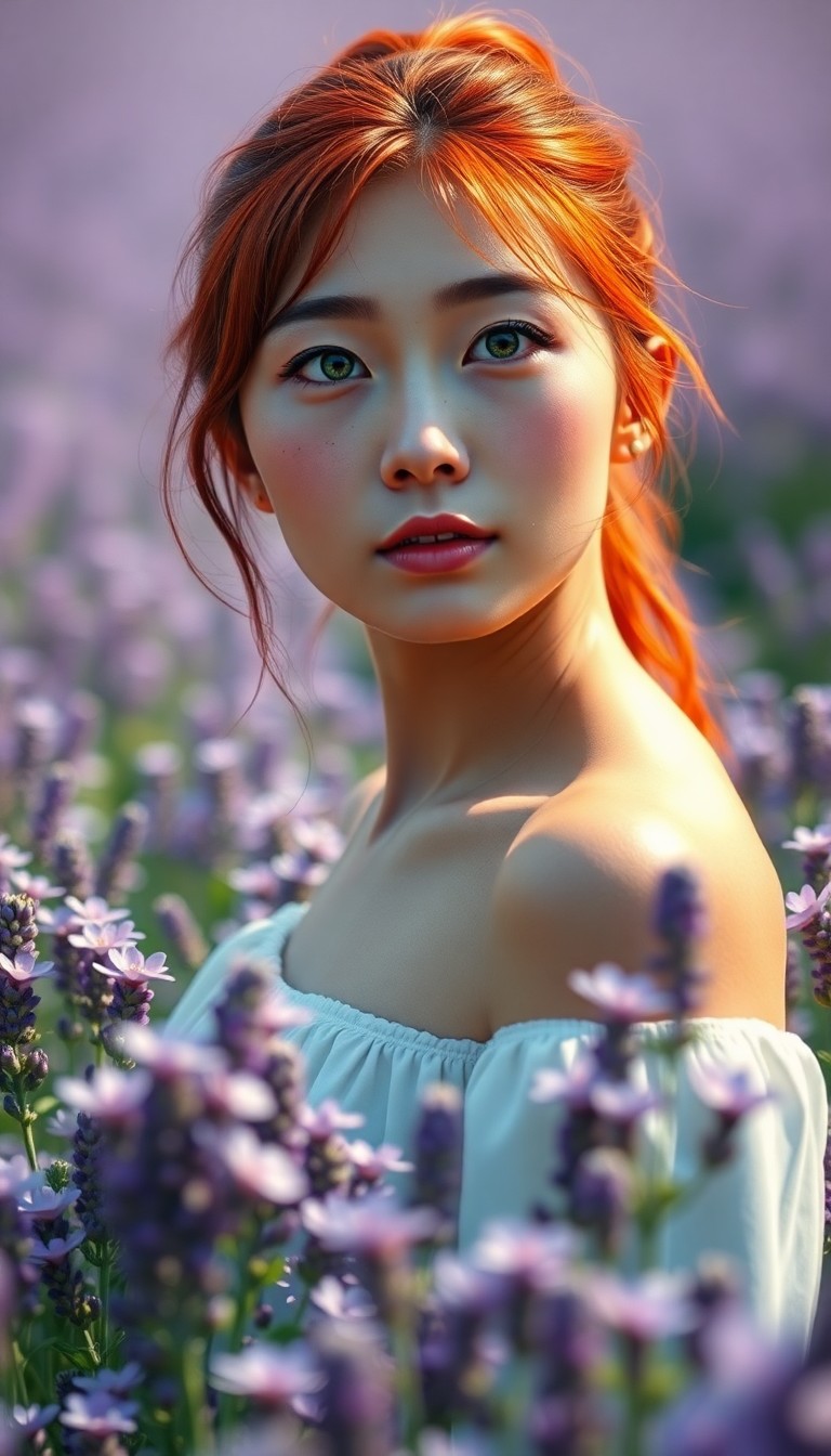 AI generated art for prompt: A digital portrait of a young East Asian woman with striking red hair, pulled back into a loose pony