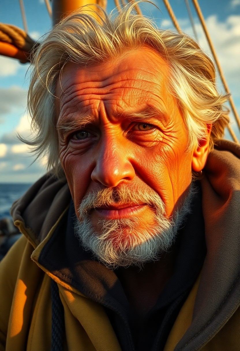 AI generated art for prompt: Craft a hyperrealistic portrait of a seasoned sailor in his late sixties with sun-bleached hair and 