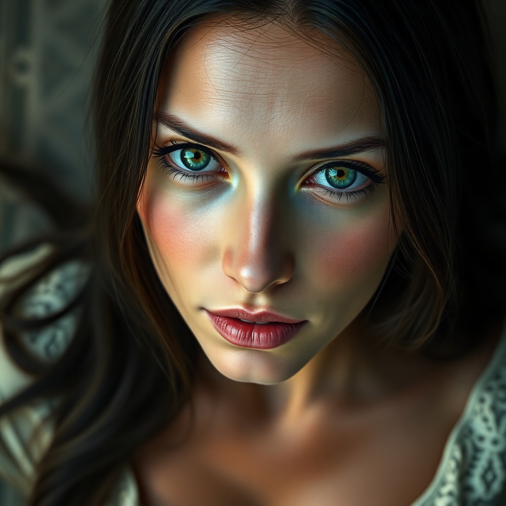 AI generated art for prompt: A super-detailed, photorealistic portrait showcases an enigmatic Mediterranean woman with serene gre