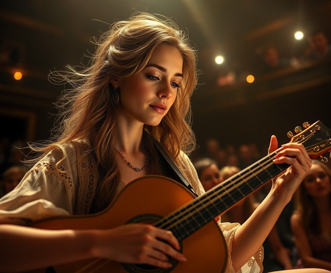 AI generated art for prompt: Craft a photorealistic portrait of an enchanting female musician portrayed as a high-definition digi