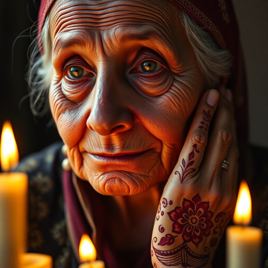 AI generated art for prompt: A captivating photorealistic portrait depicts an elderly fortune teller with profound, insightful ey