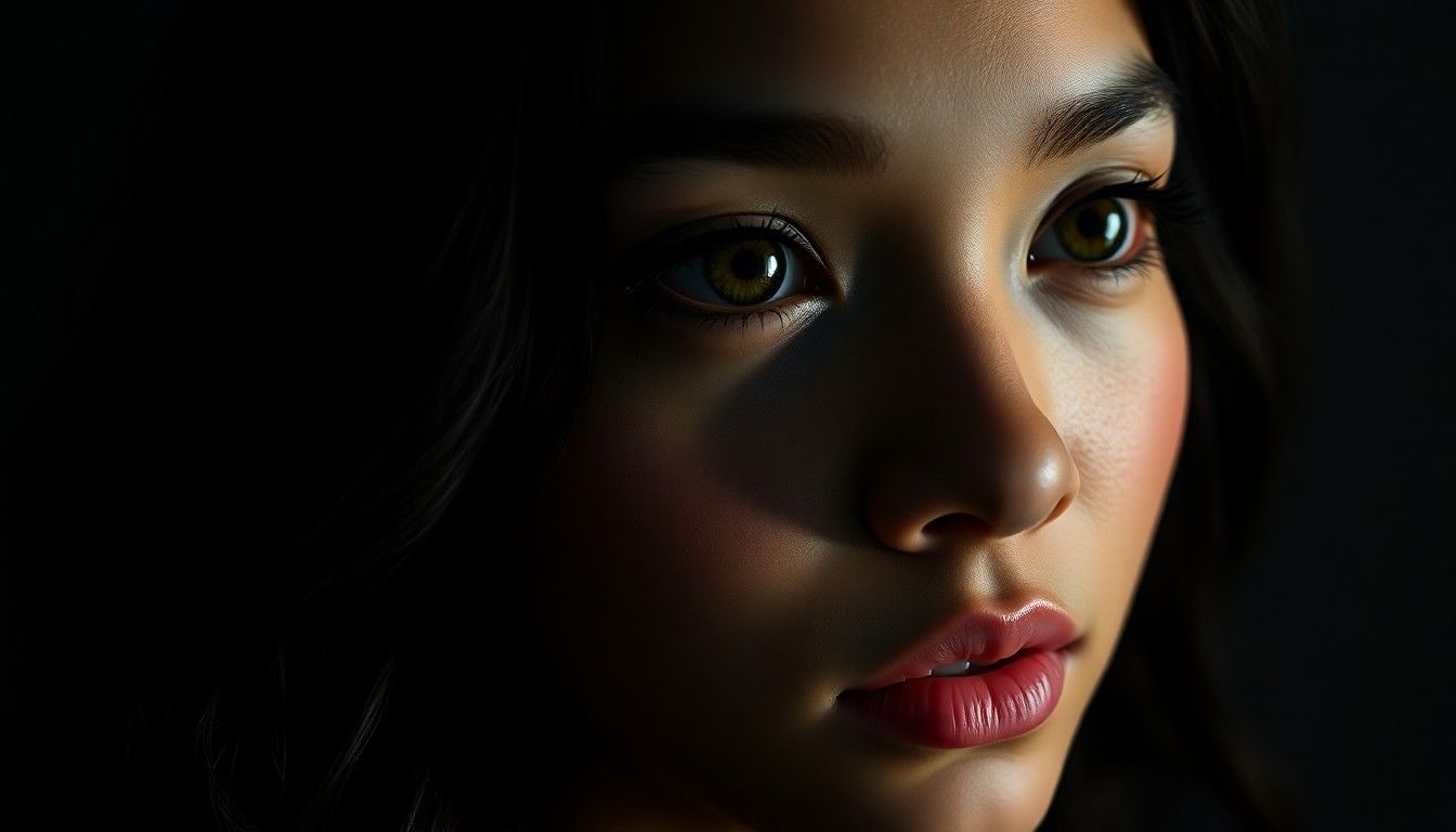 AI generated art for prompt: Imagine a photorealistic portrait of a young Pacific Islander woman with porcelain skin. Her dark, w