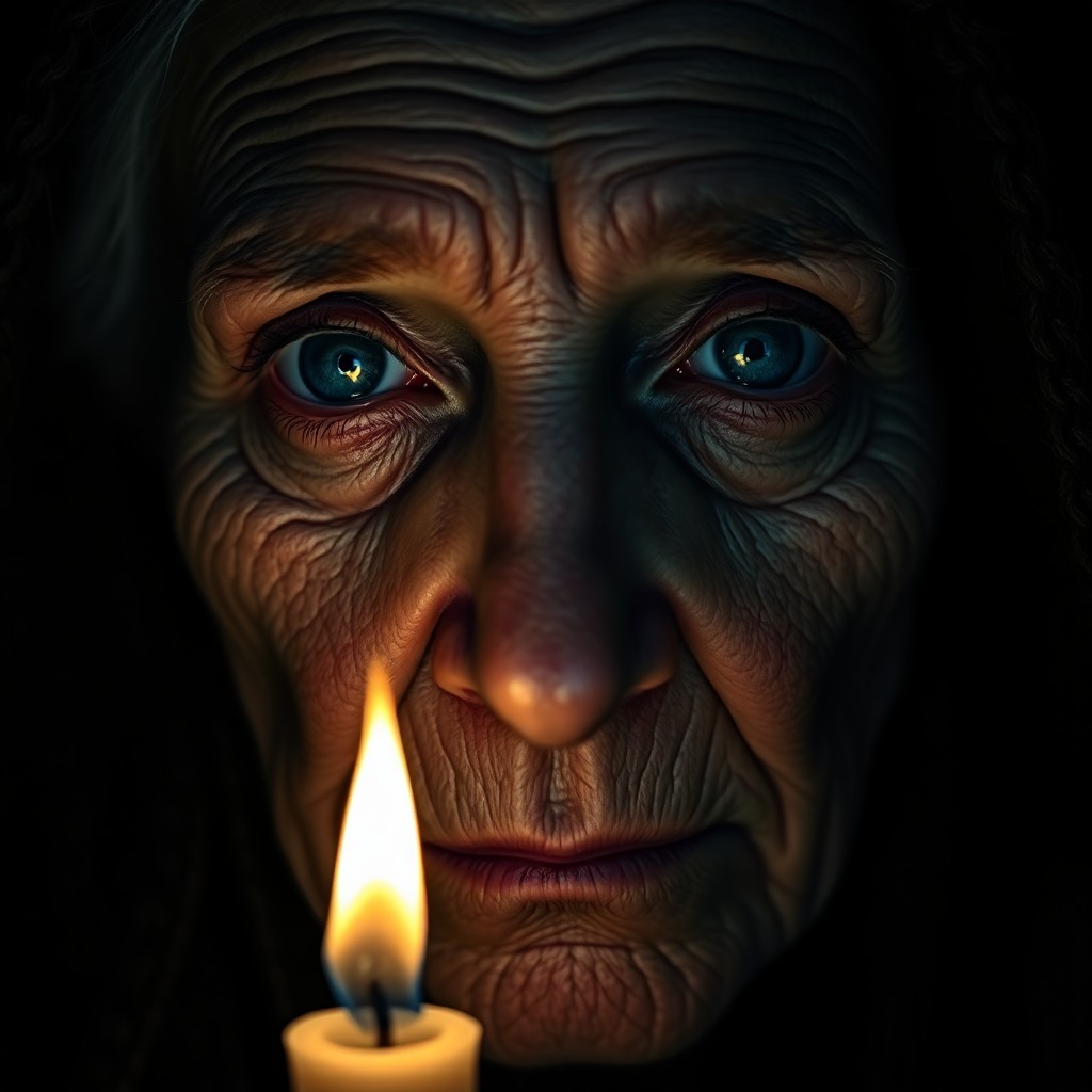 AI generated art for prompt: Create a photorealistic close-up portrait of an elderly Celtic woman with deep wrinkles and piercing