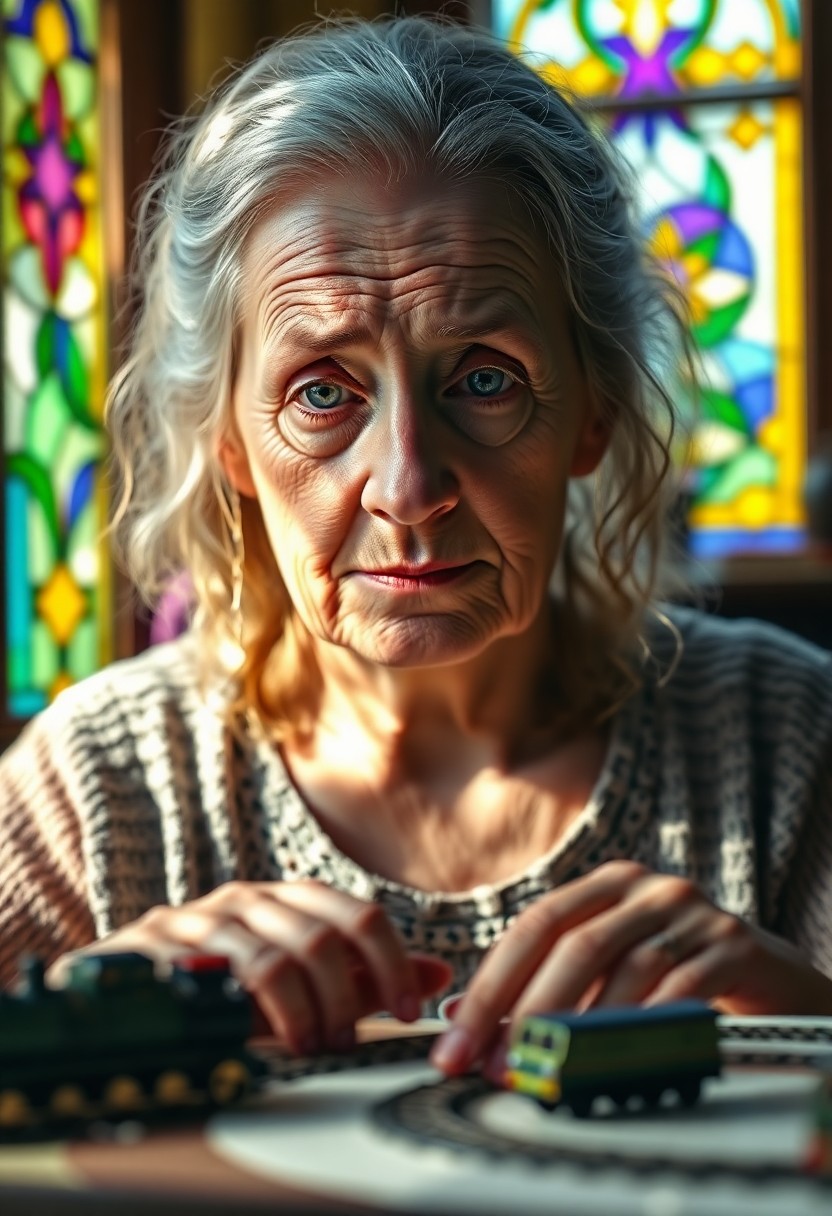 AI generated art for prompt: Envision a hyper-realistic close-up portrait of an elderly Celtic woman in her cozy home studio, whe