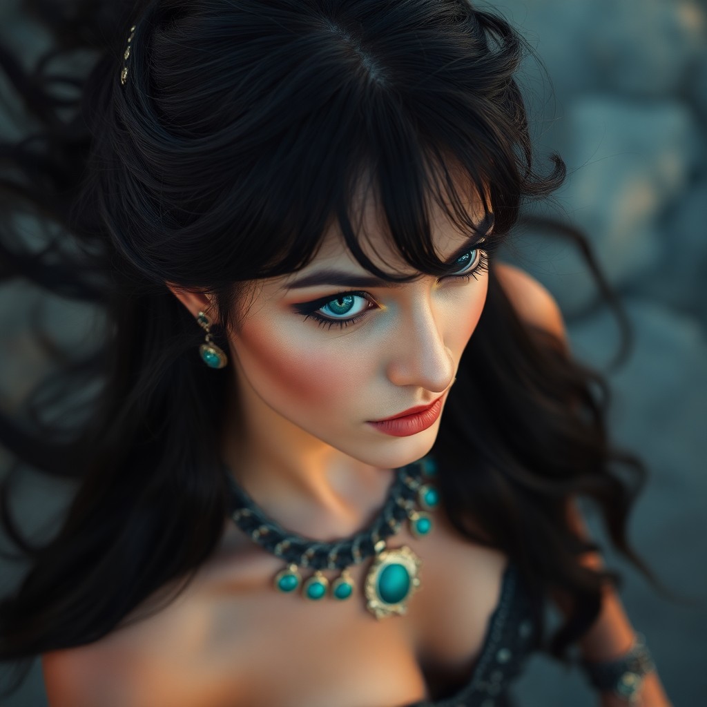 AI generated art for prompt: Envision an enigmatic enchantress with cascading midnight-black hair and shimmering emerald eyes. Ca