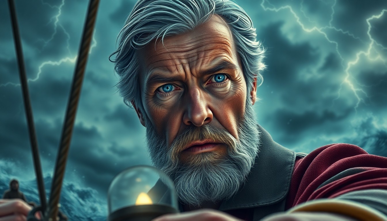 AI generated art for prompt: Craft an evocative photorealistic portrait of a seasoned sea captain with gentle blue eyes and salt-