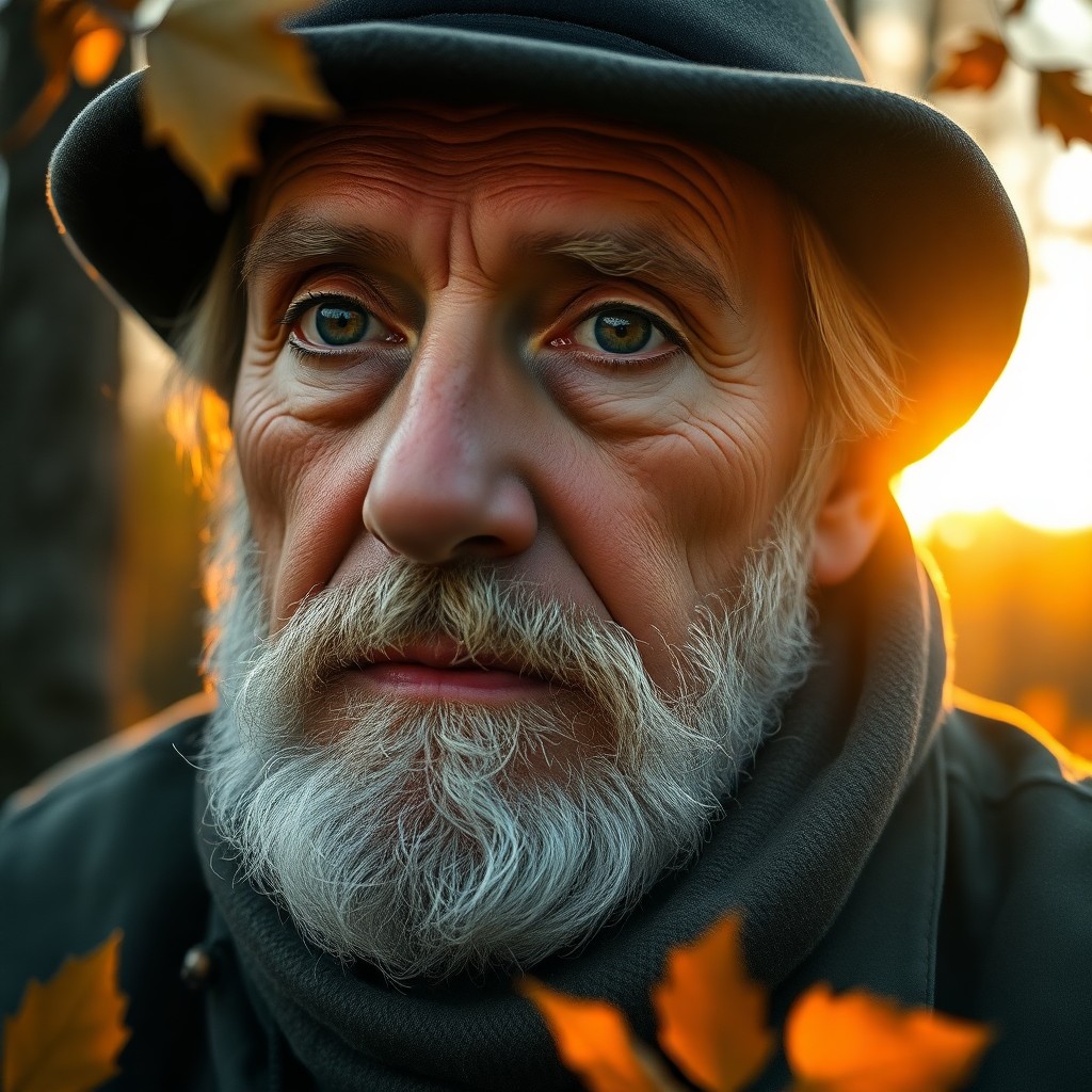 AI generated art for prompt: Visualize a hyper-realistic portrait of an elderly Nordic man with warm brown eyes and a graying bea