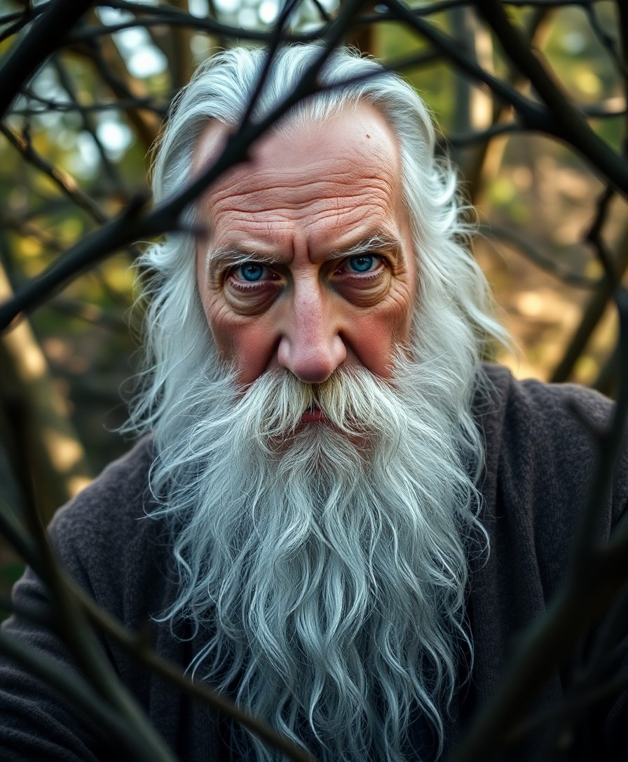 AI generated art for prompt: Craft a photorealistic portrait of an elderly wizard with a majestic white beard and ethereal blue e