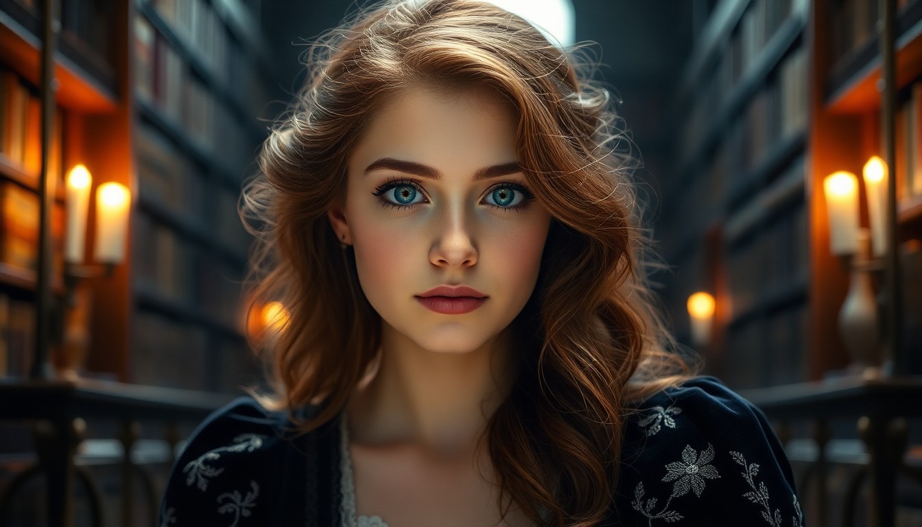 AI generated art for prompt: Craft an ultrarealistic portrait of a young Western European woman with enchanting blue eyes and dar