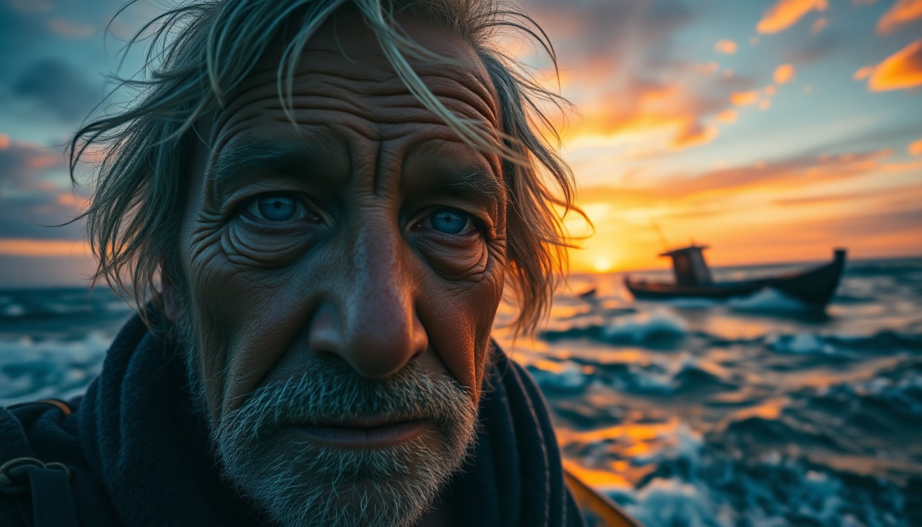 AI generated art for prompt: From a unique worm's-eye perspective, capture the essence of a weathered middle-aged fisherman with 