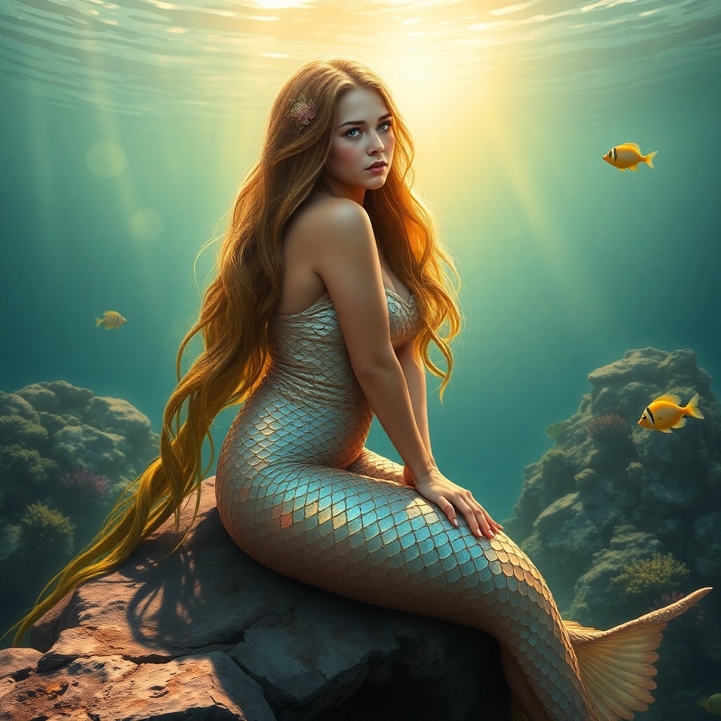 AI generated art for prompt: A super-realistic portrait depicts an ethereal mermaid perched on a secluded rocky shore. Her irides