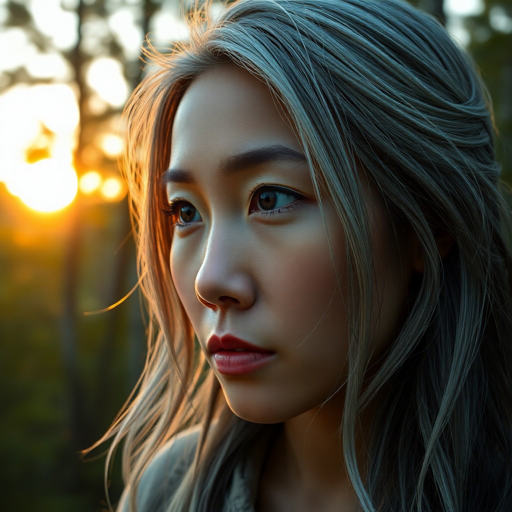 AI generated art for prompt: Craft a photorealistic portrait of an East Asian woman with sun-kissed skin and striking blue eyes s