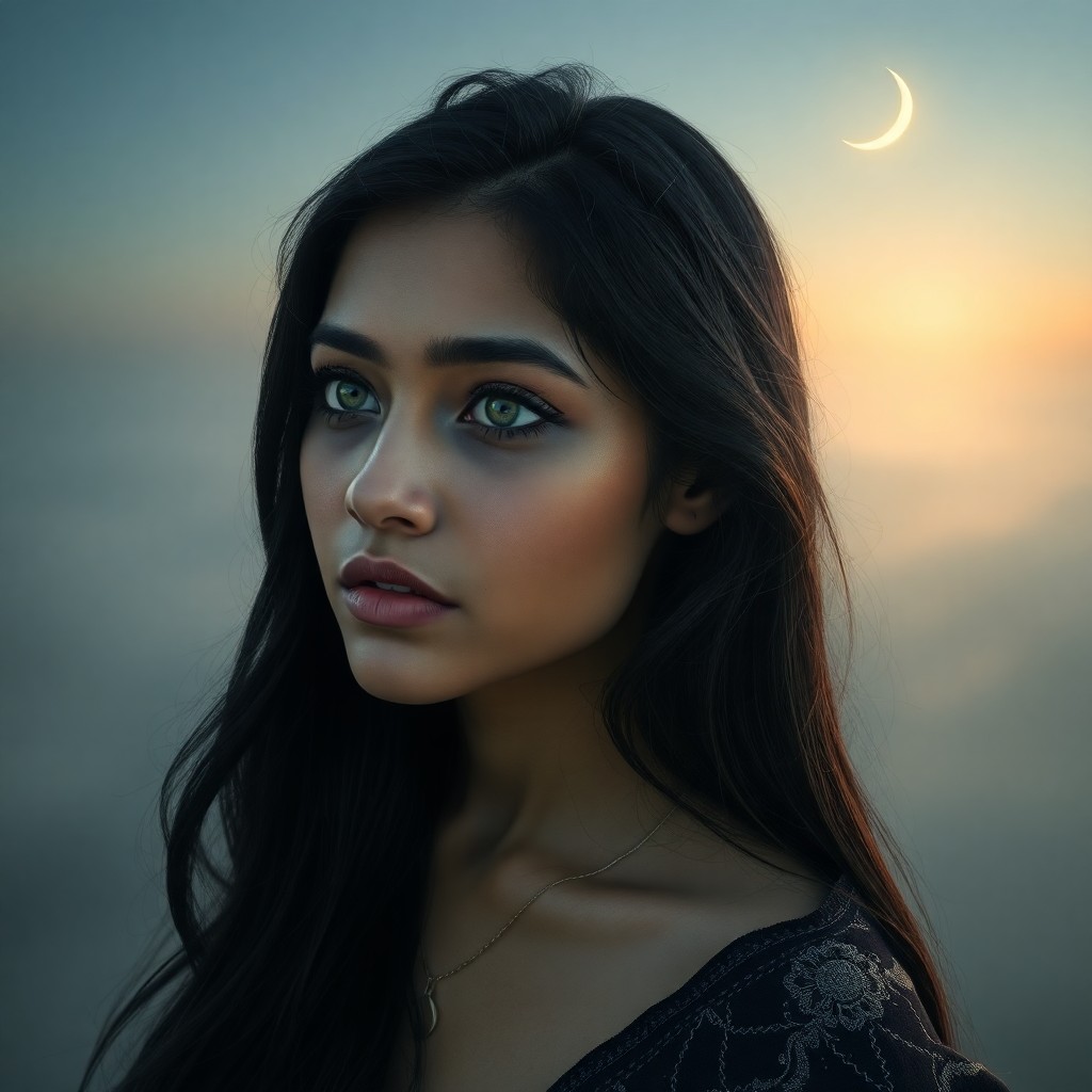 AI generated art for prompt: In a hyperrealistic portrait, an enigmatic South Asian woman with melancholic green eyes and raven-b