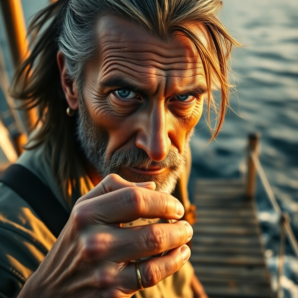 AI generated art for prompt: A super-realistic portrait showcases a seasoned sailor with weathered skin, piercing blue eyes, and 