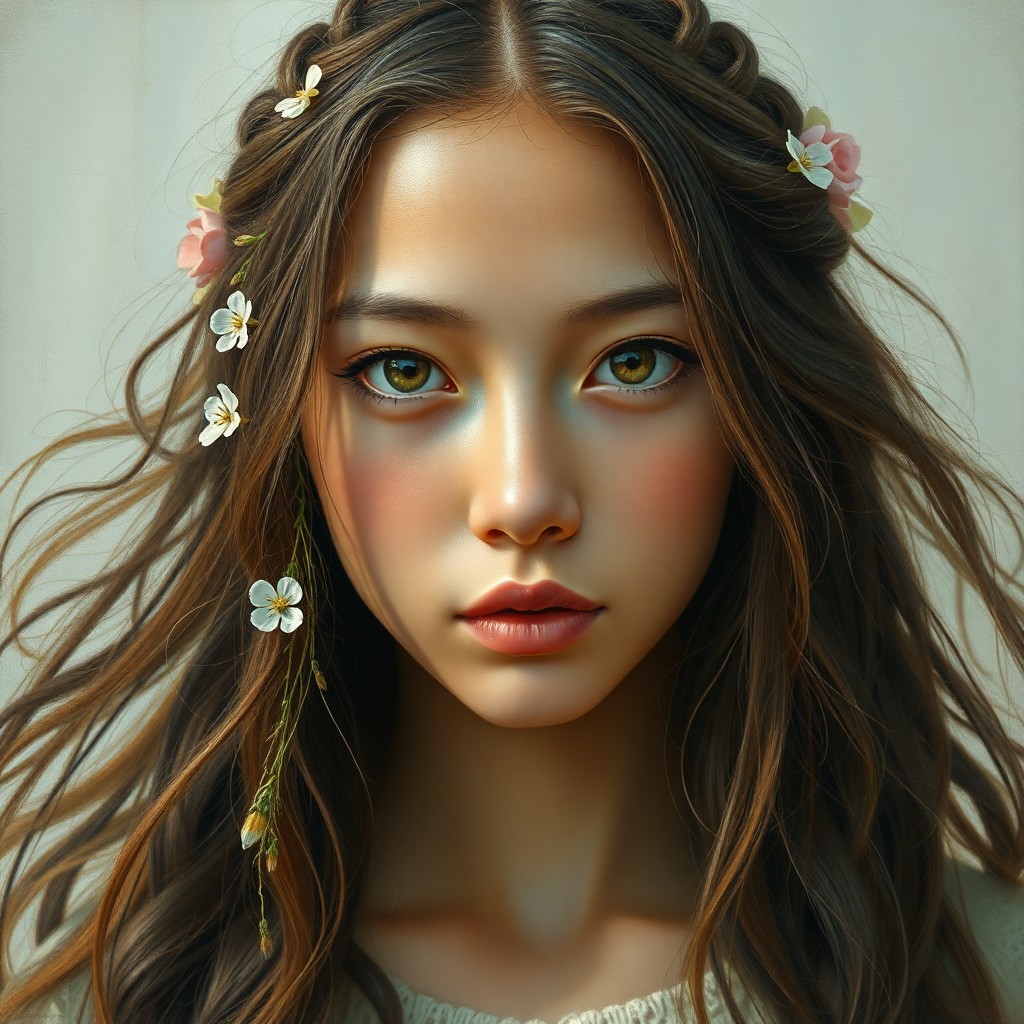 AI generated art for prompt: Craft an intricately detailed portrait of a serene yet curious young Central Asian woman with long, 