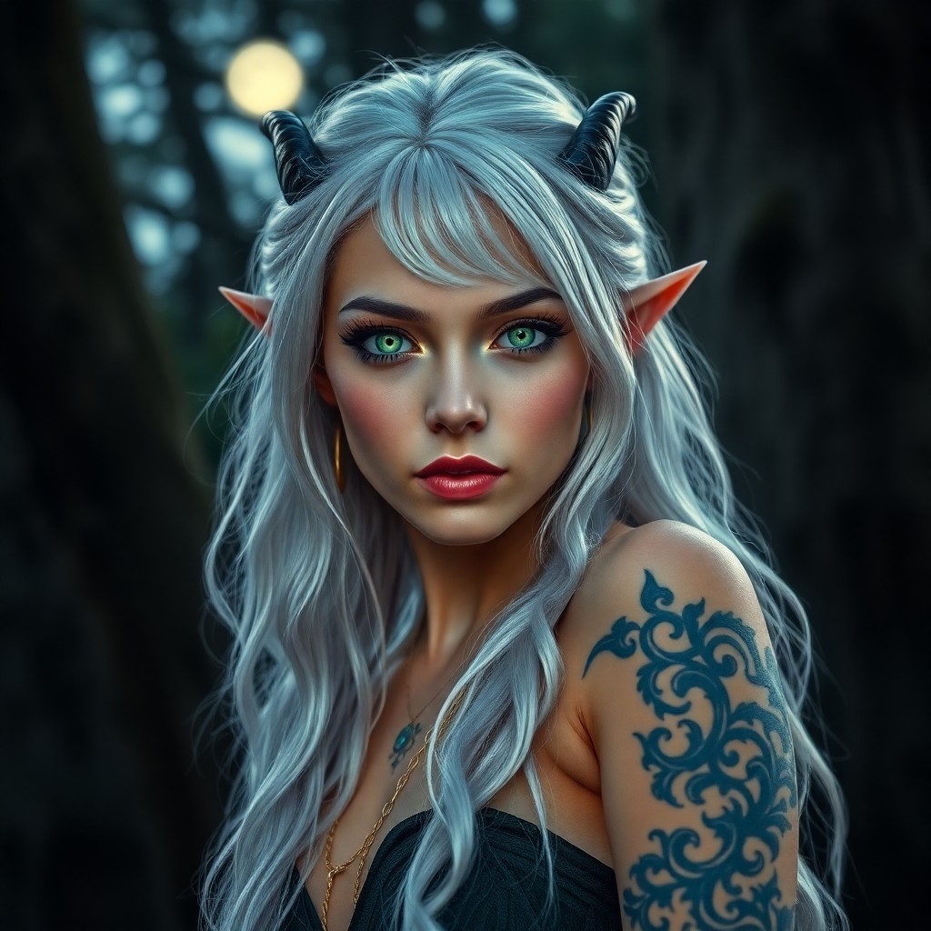 AI generated art for prompt: A mirrorless camera captures an enigmatic elven sorceress in a portrait photograph, showcasing her e